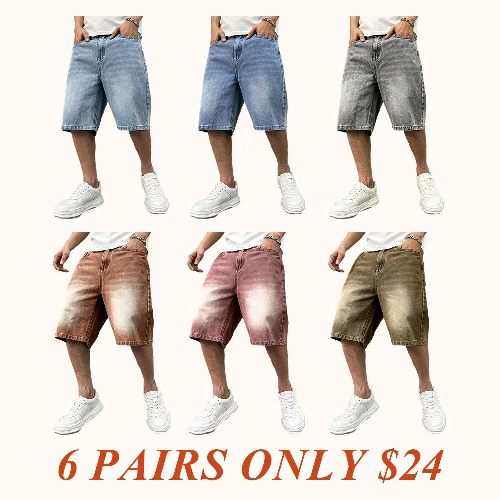 Men's washed retro color denim shorts, trendy, versatile, loose straight-leg casual streetwear denim five-point pants