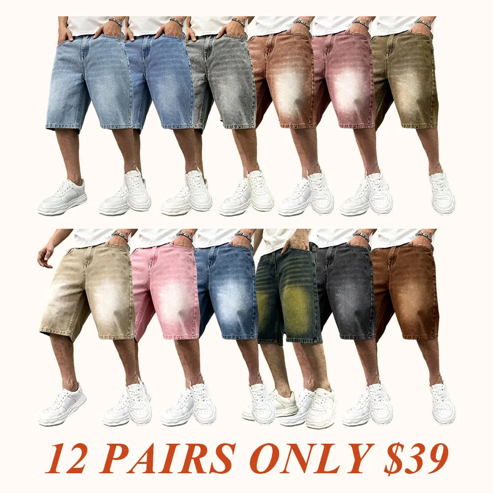 Men's washed retro color denim shorts, trendy, versatile, loose straight-leg casual streetwear denim five-point pants