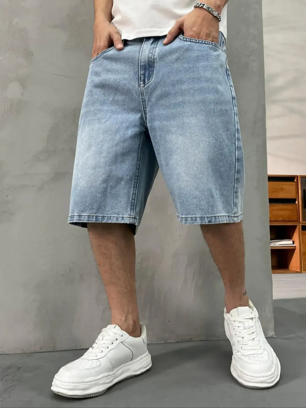 Men's washed retro color denim shorts, trendy, versatile, loose straight-leg casual streetwear denim five-point pants