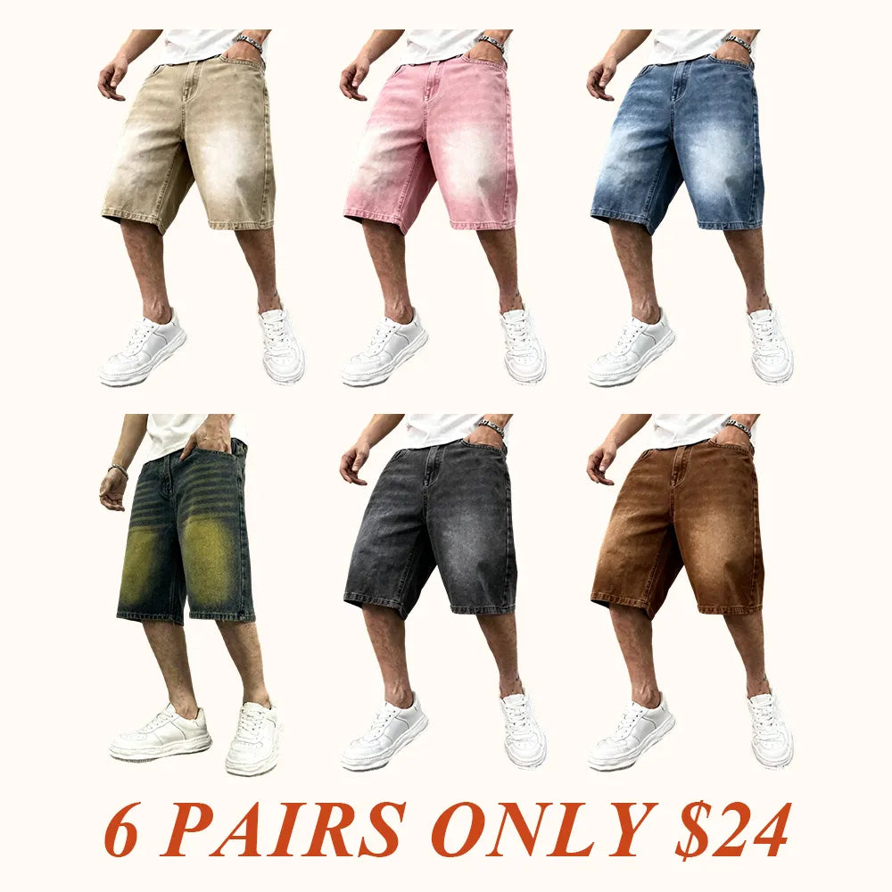 Men's washed retro color denim shorts, trendy, versatile, loose straight-leg casual streetwear denim five-point pants